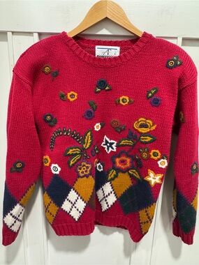 VTG Accordeon Floral Embroidered Knit Sweater Size Small Red Argyle Patchwork